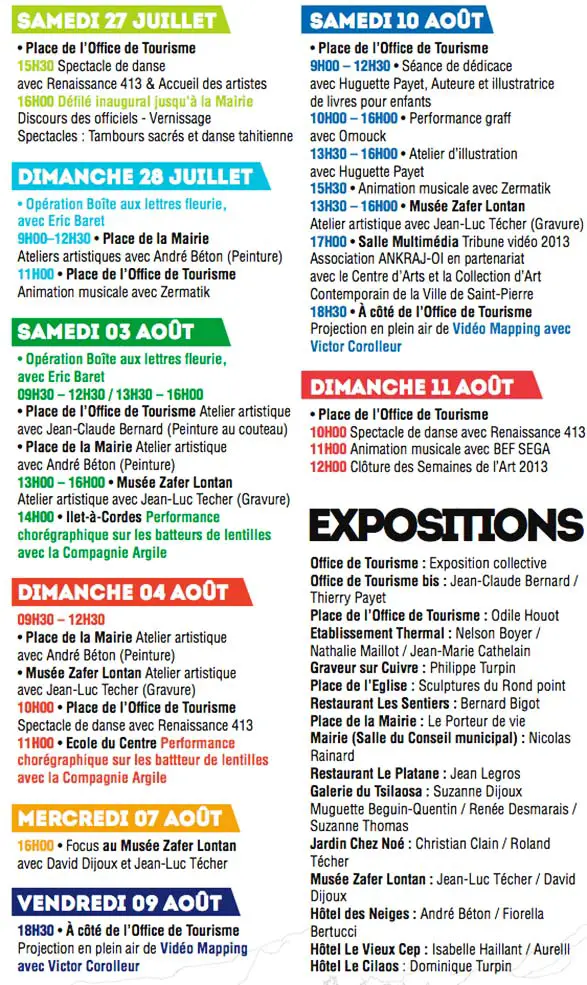 Programme semaine art Cilaos Réunion